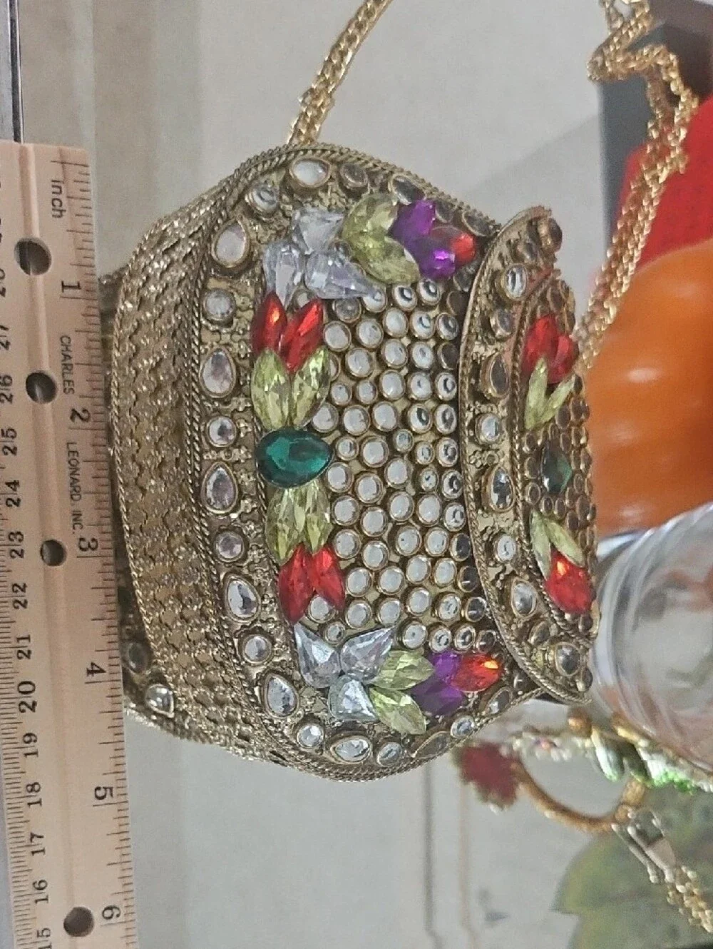 Embellished Gold Crystal Kundon Evening Handmade Clutch - Multicolor Accents